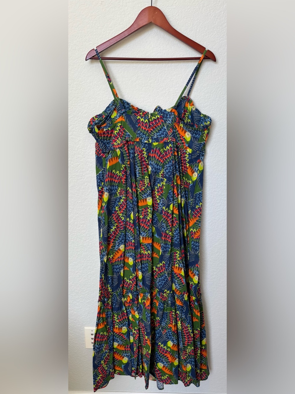FARM Rio x Anthropologie Tropical Toucan Bird Print Cotton Tiered Maxi Dress L - Picture 3 of 5